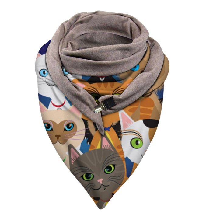 Warm Windproof Cat Prints Double-layer Buckle Scarf Fashion Female Scarf