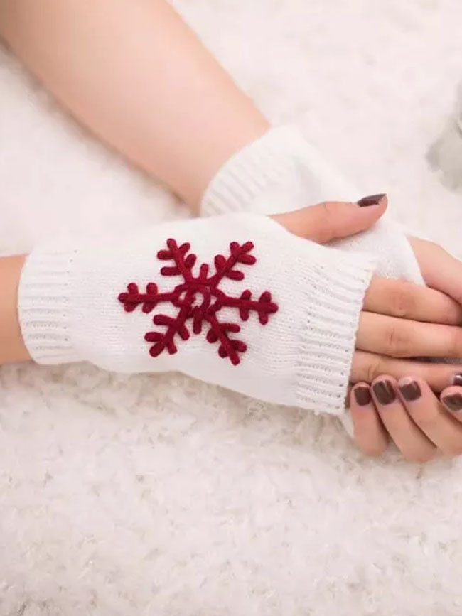 Women Knitted Fingerless Gloves Winter Girl Christmas Snowflake Arm Gloves
