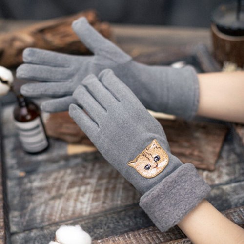 Cartoon Cat Embroidery Plus Velvet Thick Warm Driving mittens Touch Screen Gloves