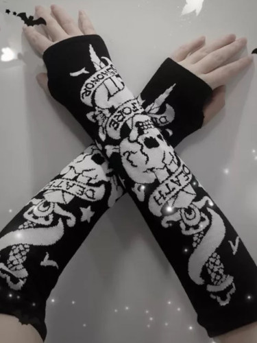 Skull Balck Gloves Arm Warmer Length Sleeve Fingerless Knitting Mittens
