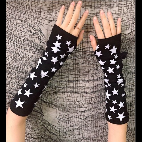 Stars Black Long Gloves Women Half Finger Length Sleeve Knitting Mittens