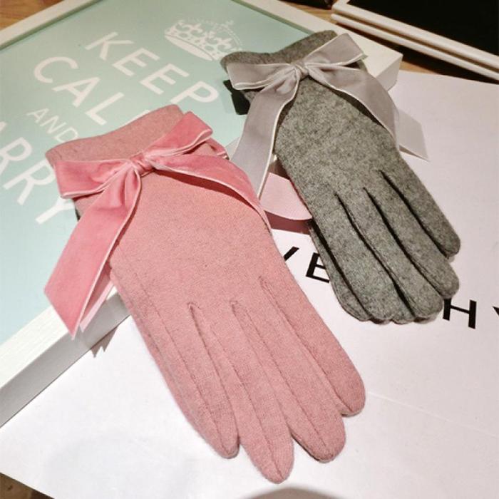 Ribbon Bow Gloves For Autumn And Winter Split Finger Warm Gloves Women