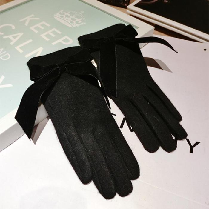 Ribbon Bow Gloves For Autumn And Winter Split Finger Warm Gloves Women