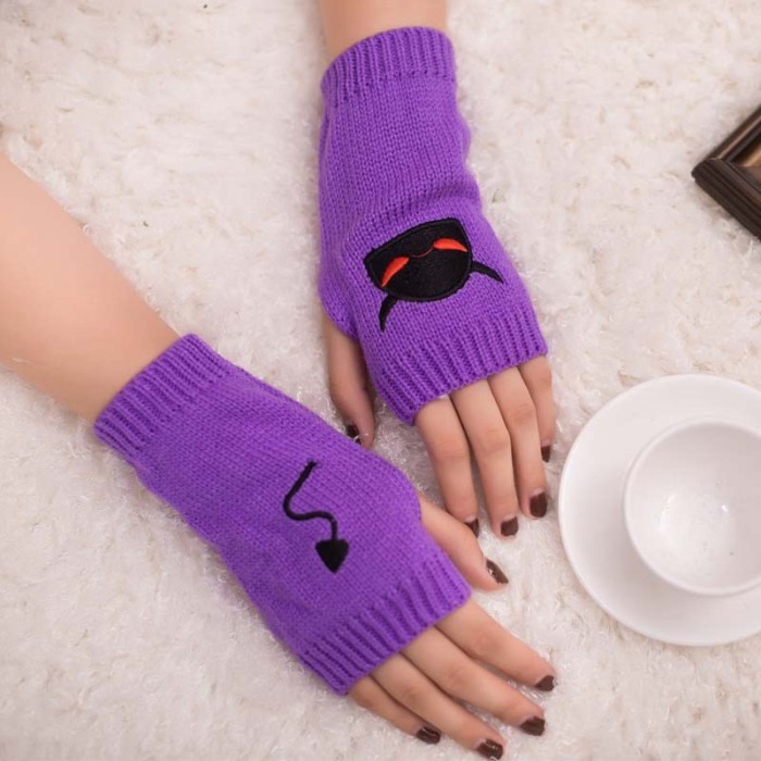 Embroidered Devil Tail Woolen Half Finger Gloves Candy Color Warm Halloween Gloves