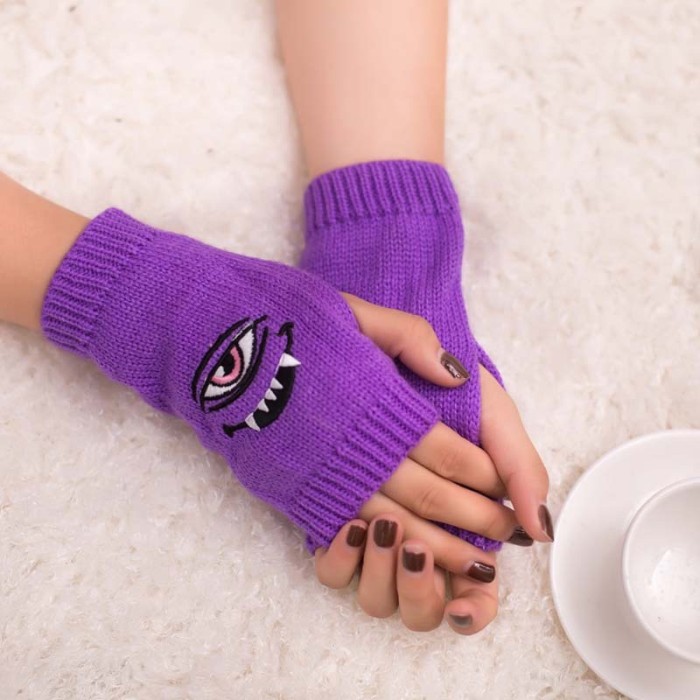 Eye Demon Embroidered Gloves Candy Multicolor Half Finger Woolen Warm Gloves