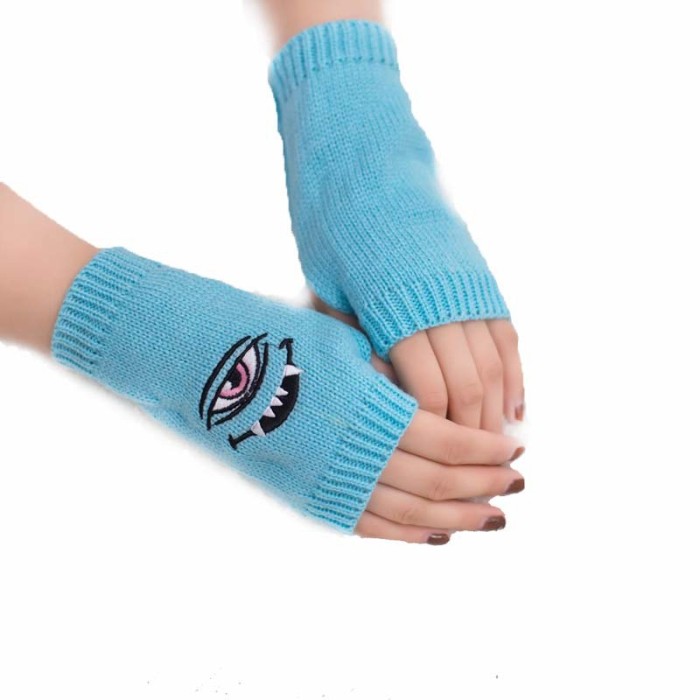 Eye Demon Embroidered Gloves Candy Multicolor Half Finger Woolen Warm Gloves