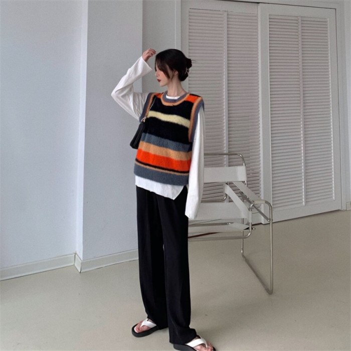 Women Sleeveless Waistcoat Striped Sweater Vest