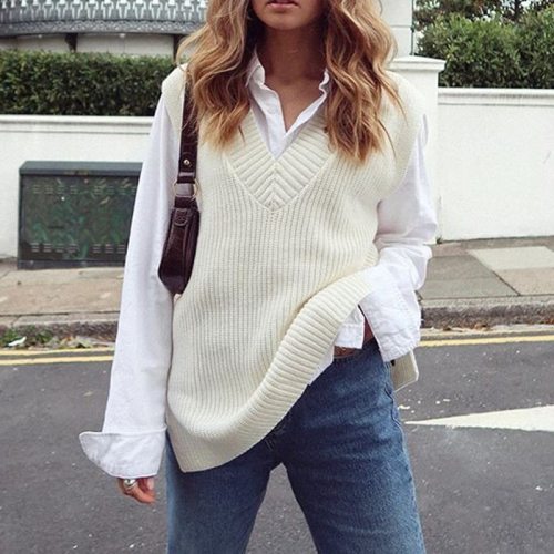 Women V Neck Solid Casual Pullover Sweater Vest