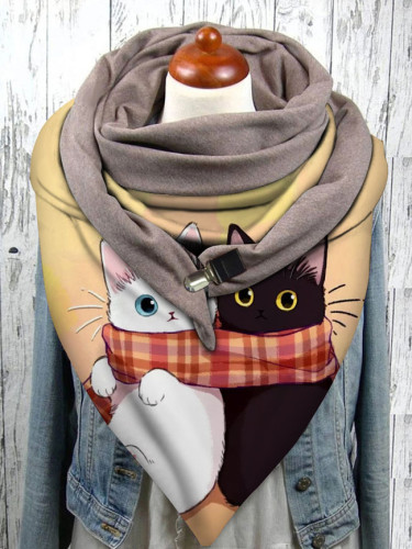Warm Windproof Cat Prints Double-layer Buckle Scarf Women Winter Scarf