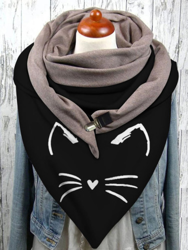 Double-layer Buckle Scarf Autumn Winter Warm Windproof Cat Prints