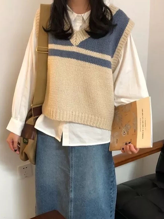 Harajuku Chic V-necked Striped Sweater Vest