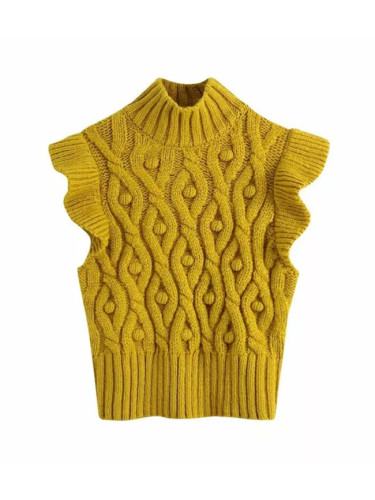 Yellow Pompoms Knitted Sweater Vest Women Vintage Ruffles High Neck Vest Tops