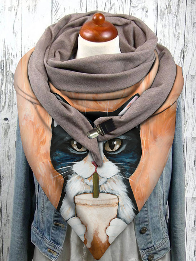 Universal Autumn Winter Warm Windproof Cat Prints Double-layer Buckle Scarf
