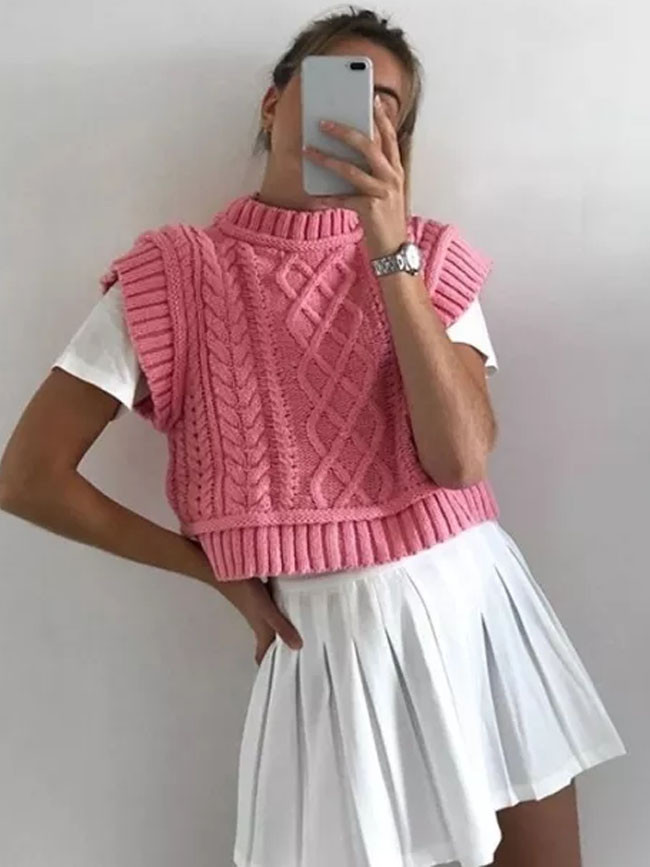 Women Knit Cropped Pink Sweater Vest