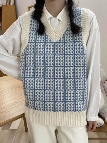 Knit Plaid Sweater Vest V-necek Pullover Casual Winter Fashion Sweaters