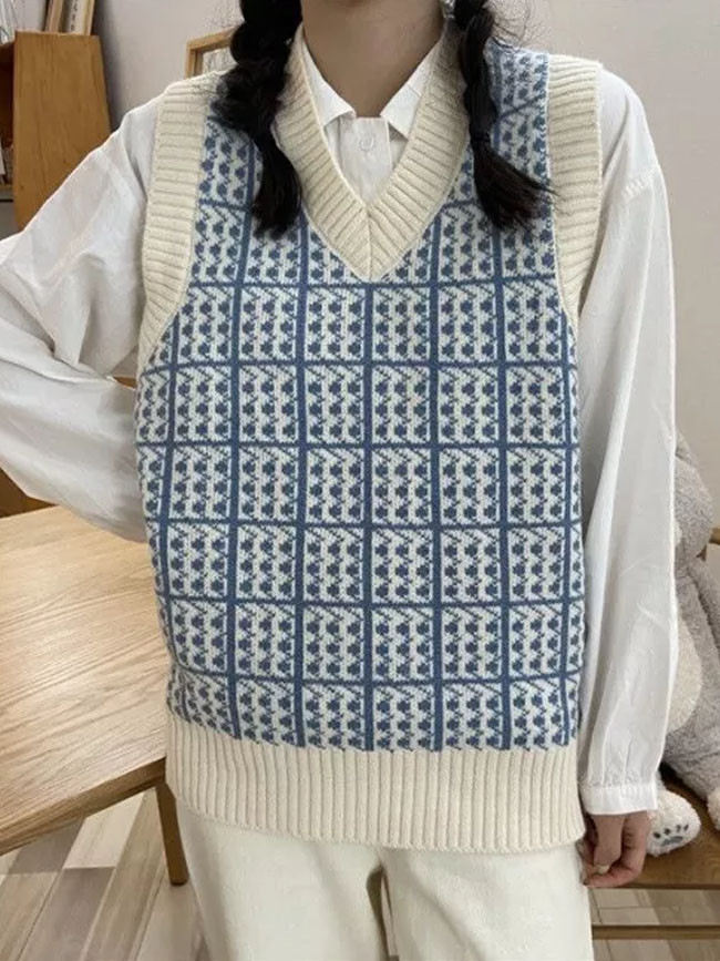 Casual Fashion Knit Plaid Sweater Vest