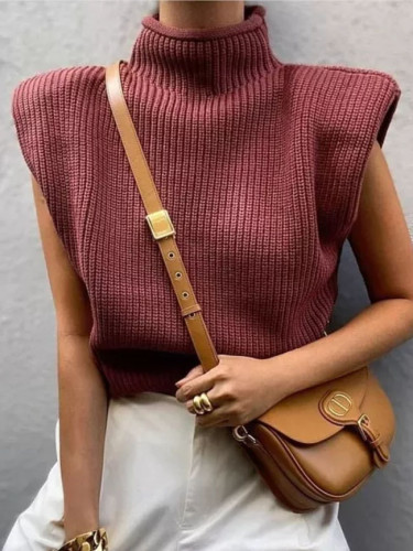 Vintage Turtleneck Knitted Sweater Vest Women Sleeveless Knitwear Vest Knit Tops