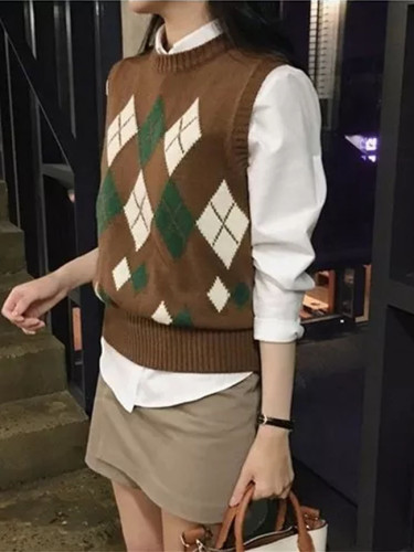 Sweater Women Autumn Vintage Geometric Rhombic Sleeveless Vest Knitted Pullover