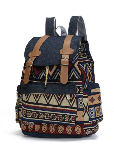 Women's backpack denim contrast color backpack drawstring student bag