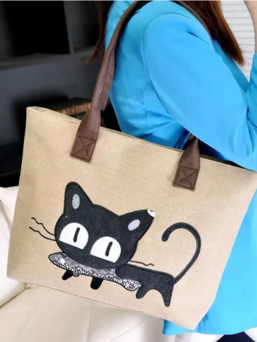 Cute Cartoon Cat fish Print Canvas Shoulder Bag Zipper Casual Tote