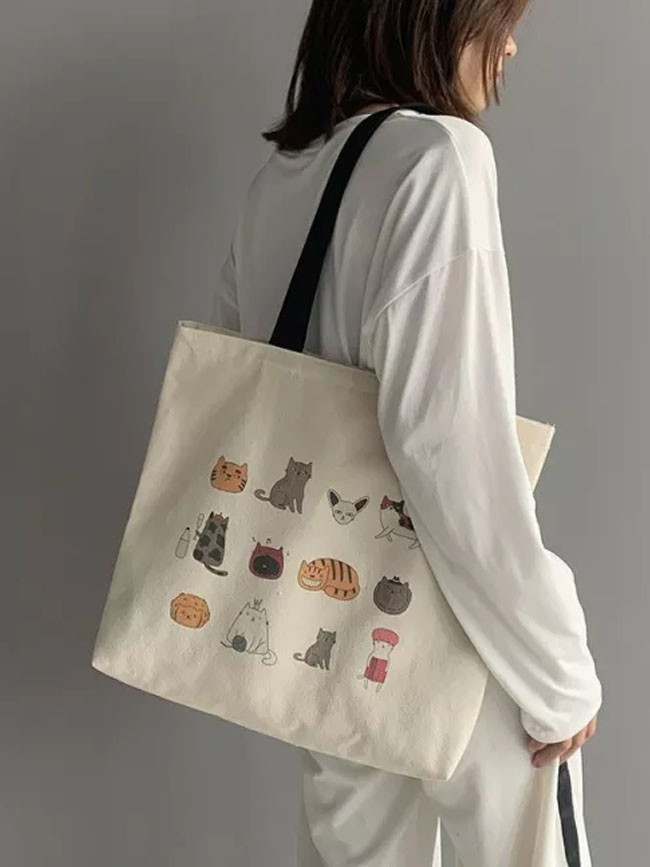 Canvas Totes Bag for Eco Reusable Shopping Bag Cartoon Cat Cotton Cloth Student Bags
