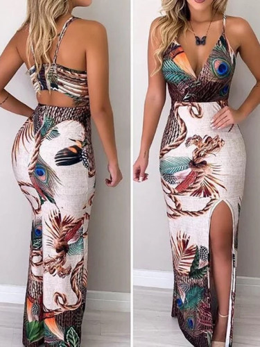 Sexy Deep V Collar Embroidery Floral Printed Fishtail Maxi Dress