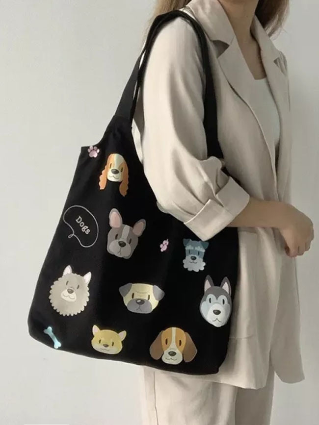 Canvas Tote Shoulder Bags Cartoon Dog Cotton Cloth Eco Shopping Bag