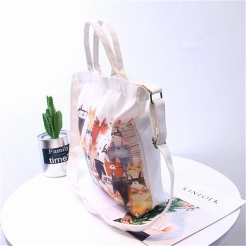 Cute Cat Shopping Bag Foldable Women Beach Bags White Canvas Casual Tote Bag