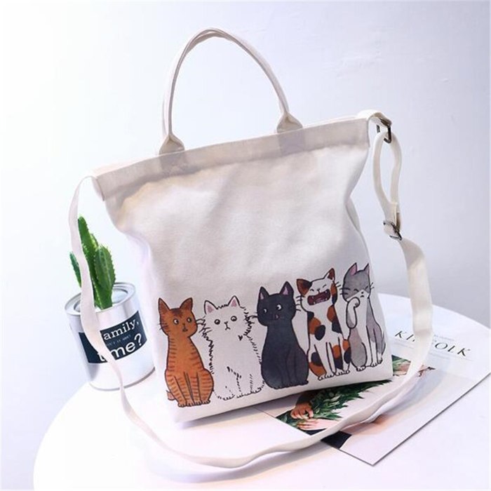 Cute Cat Shopping Bag Foldable Women Beach Bags White Canvas Casual Tote Bag