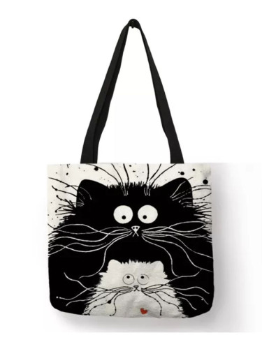 Simple Style Women Handbag Cartoon Cute Black Cat Prints Shoulder Bag Eco