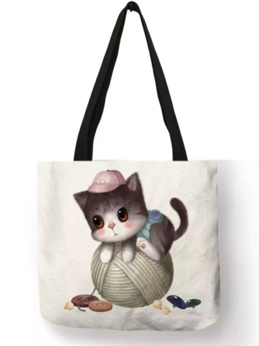 Cute Cup Cat Print Reusable Shopping Bag