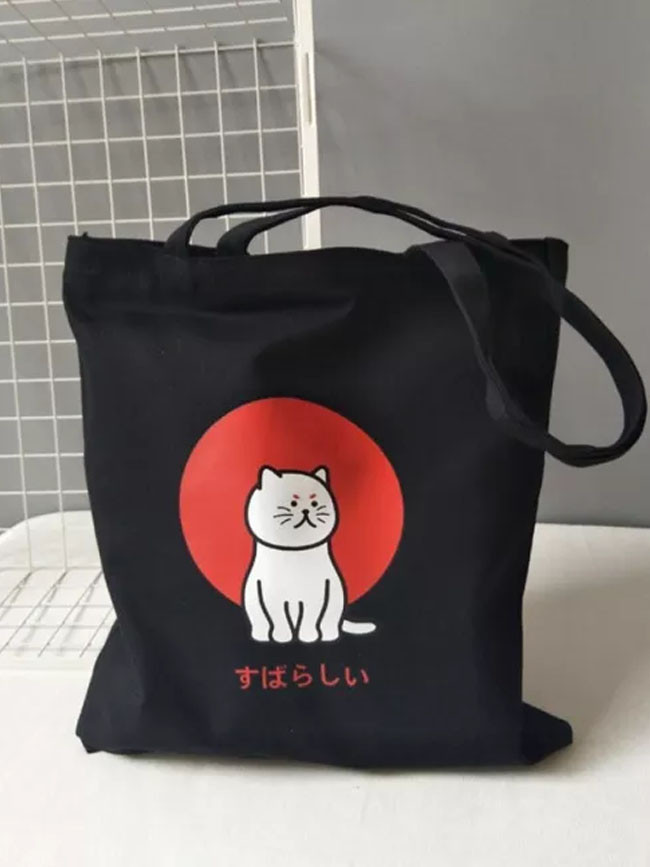 Canvas Tote Shoulder Bags Cat Print Handbags Eco Friendly