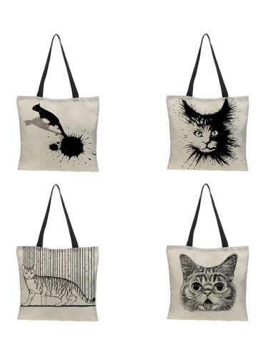 Black Cat Printed Linen Fabric Eco Handbag Reusable Shoulder Bag