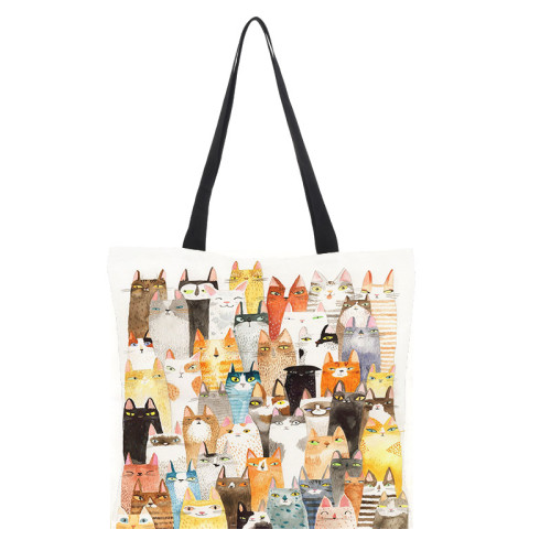 Cute Cartoon Cats Image Printed Handbag Eco Linen Shoulder Bag