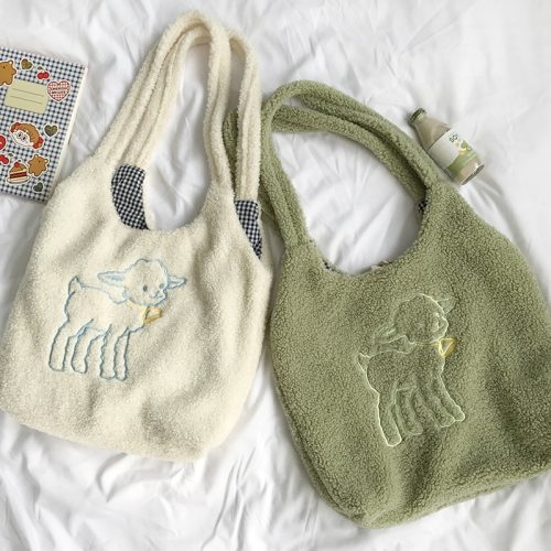 Lamb Like Fabric Shoulder Bag Simple Handbag Large Capacity Embroidery Shopping Bag