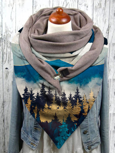 Colorful mountain peak woods print button scarf shawl winter windproof