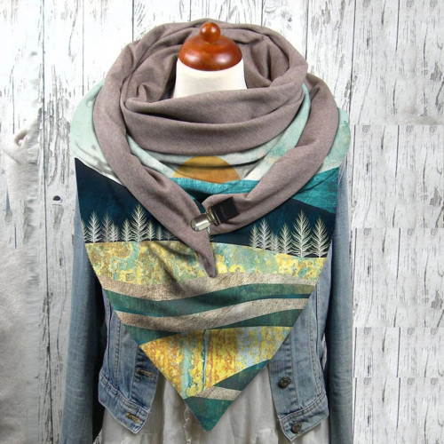 Colorful landscape print button scarf shawl winter windproof
