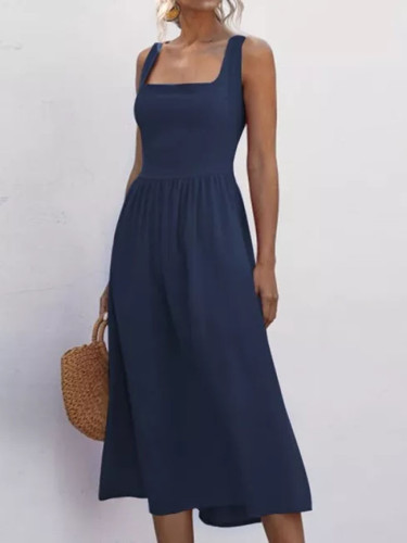 Summer Dress Women Sexy Casual Solid Maxi Dresses Sleeveless Square Neck