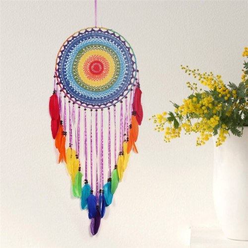 40cm Round Colorful Feather Dream Catchers Home Decor Ornaments