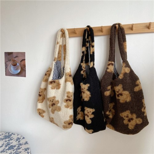 Fall Winter Shoulder Bag Warm Plush Cloth Fabric Handbag Soft Tote Book Bags