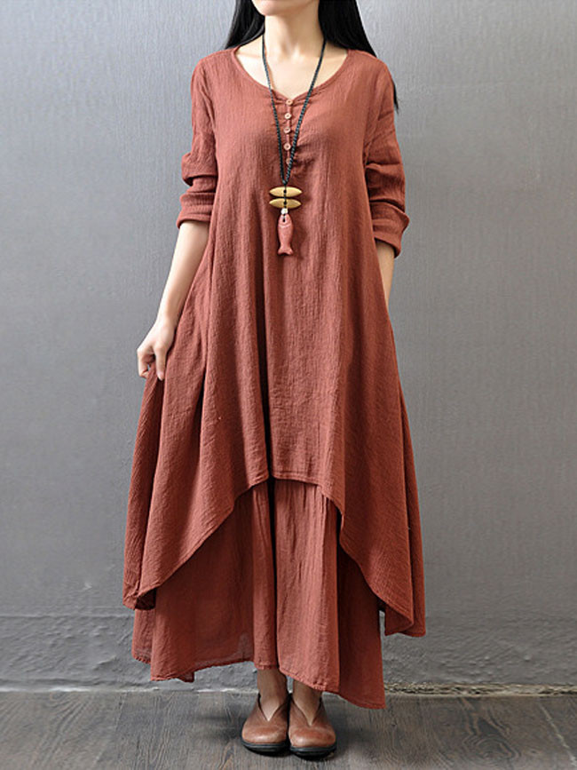 3/4 Sleeve Patchwork Casual Round Neck Dresses