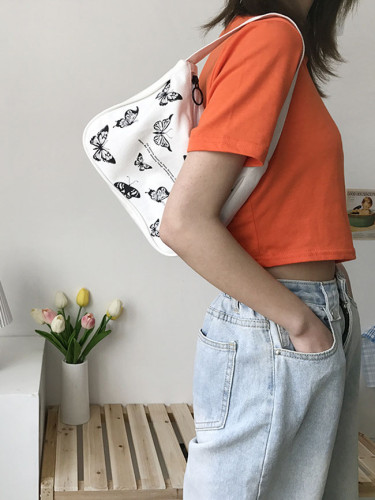 Spring Women Small Handbag Butterfly Print Canvas Tote Fashion Underarm Bag