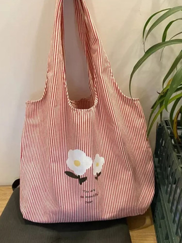 Women Canvas Shoulder Bag Vertical Stripes Large Capacity Cloth Tote Eco Shopping Bag