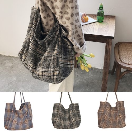 Woolen Vintage Plaid Large Capacity Tote Ladies Casual Shoulder Bag