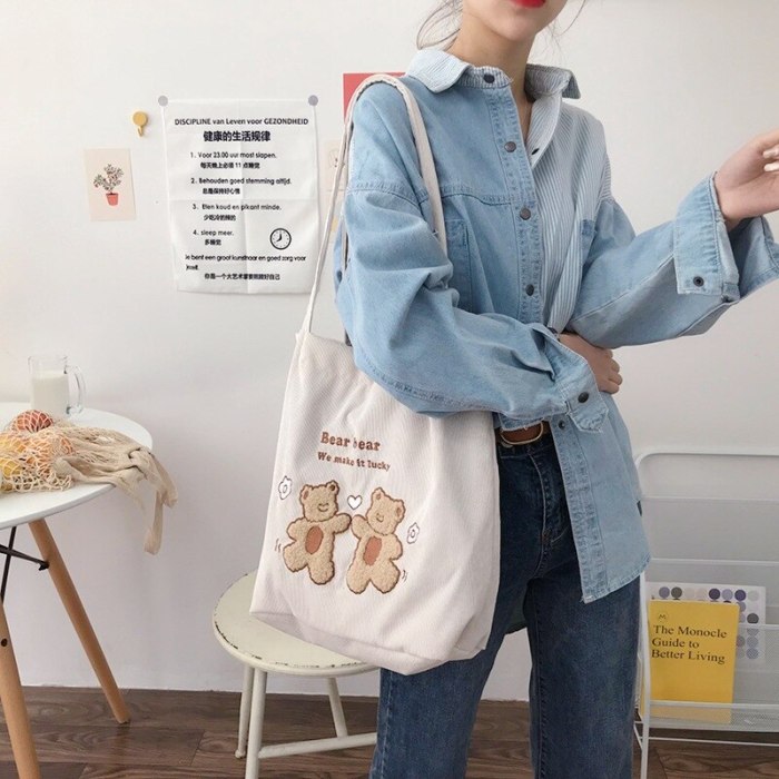 Corduroy Shoulder Bag Bears Embroidery Striped Canvas Eco Tote