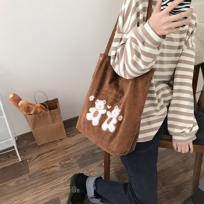 Corduroy Shoulder Bag Bears Embroidery Striped Canvas Eco Tote