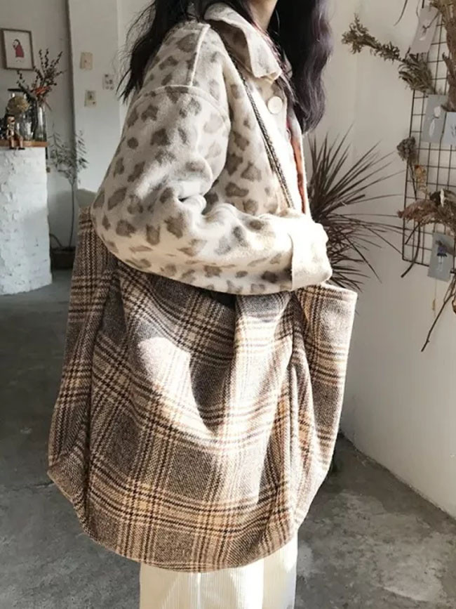 Woolen Vintage Plaid Large Capacity Tote Ladies Casual Shoulder Bag