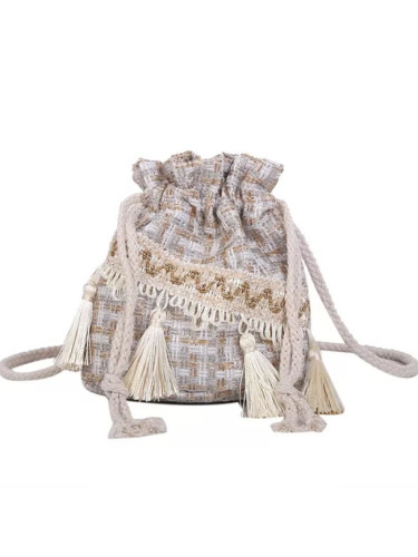 Ethnic style tassel bucket bag hemp rope Small Bag shoulder messenger bag