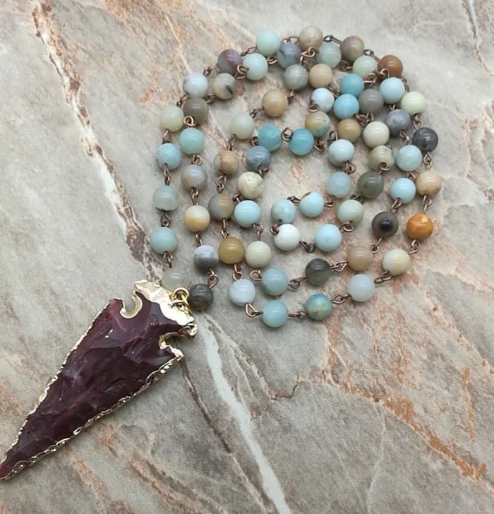 Stone Gilded Arrowhead Pendant Necklace Women Natural Stone Bead Chain Necklace