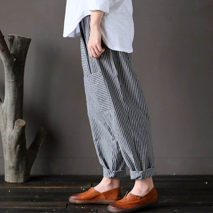 Women Striped Pants Elastic Waist Cotton Linen Loose Trousers Casual Streetwear